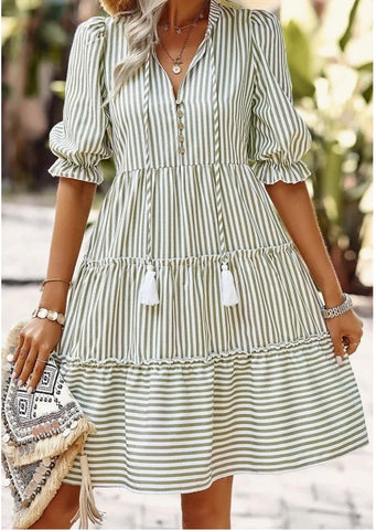 Stripe V neck puff sleeve dress
