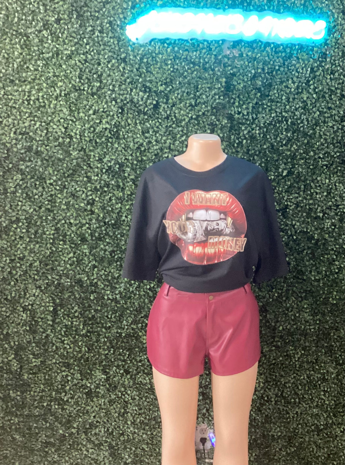 maroon leather shorts