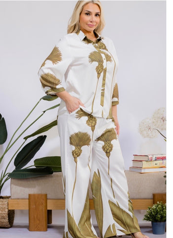 plus size casual  pant set olive green/white