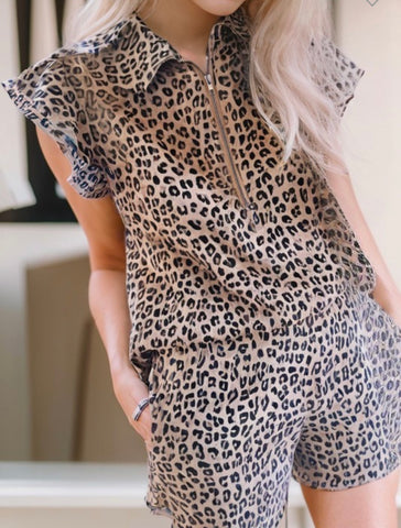 Ruffle leopard 2 piece short set